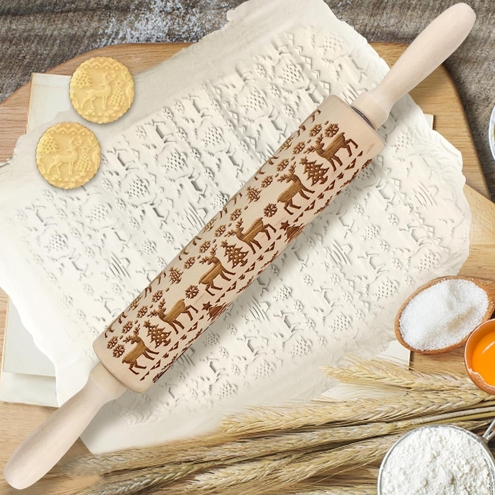 Engraved Wooden Rolling Pin with Reindeer Design